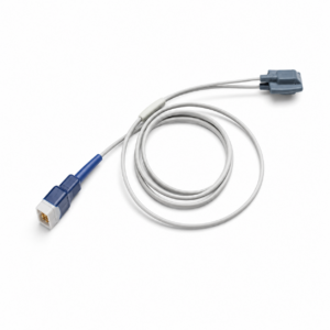 Catalogue-style product image showing a Huntleigh infant soft tip SpO2 sensor with grey cable and blue Oximax-compatible connector on a white background. The sensor is designed for routine infant oxygen saturation monitoring with compatible patient monitors.