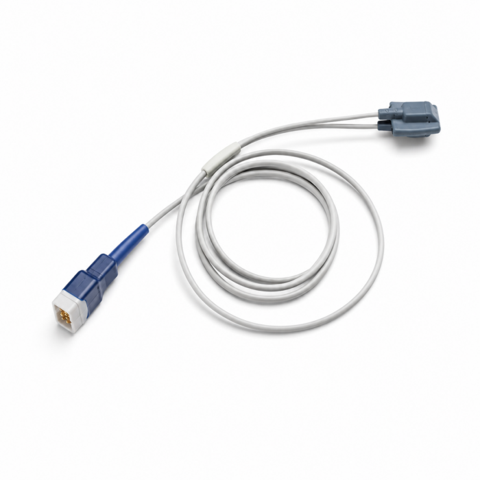 Catalogue-style product image showing a Huntleigh infant soft tip SpO2 sensor with grey cable and blue Oximax-compatible connector on a white background. The sensor is designed for routine infant oxygen saturation monitoring with compatible patient monitors.