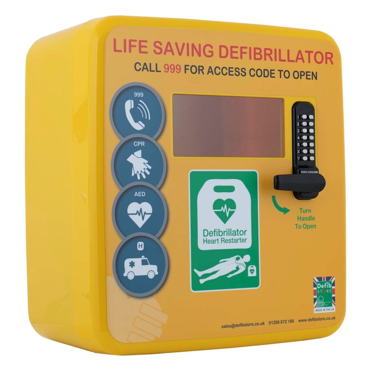 Secure Outdoor AED Yellow with Stainless Steel Keypad Lock HCE
