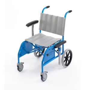 MRI Safe folding portering chair with blue frame and grey seat