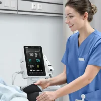 Mindray VS9 Monitor on roll stand with nurse taking Patient blood pressure
